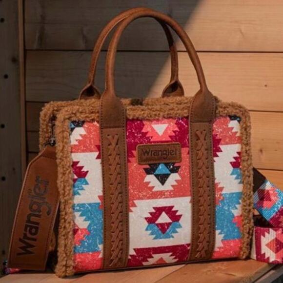 NWT Wrangler Sherpa Southwestern Aztec Small Canvas Tote Crossbody Bag - Brown - Picture 1 of 15